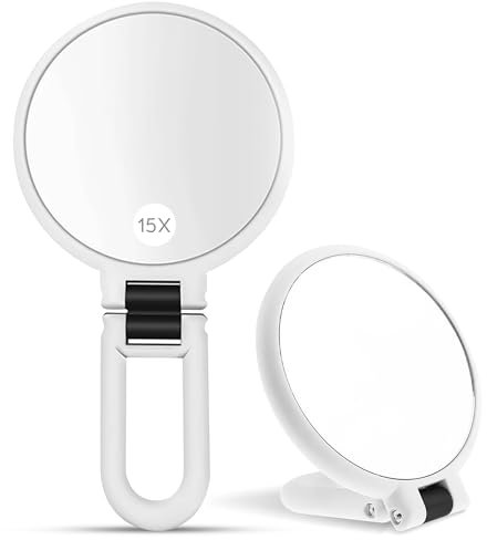 IZIVAN ®️ Espejo de Aumento 15x Plegable de Mano con Mango - Ideal para Maquillaje y Viajes, Espejo Pequeño Portátil para Peluquería.