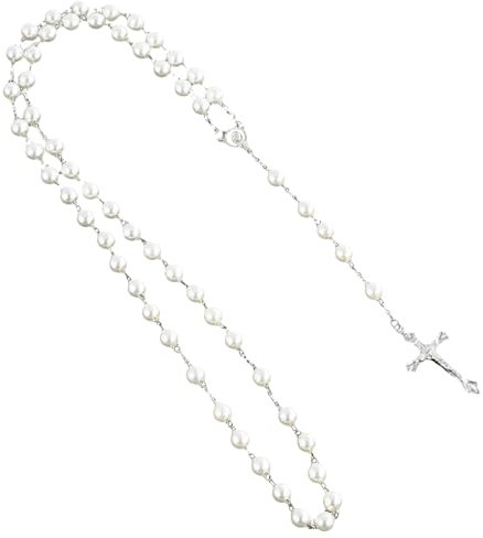xianshi Rosenkranz,Rosenkranz Kette,Jesus Kreuz Kette,Elegante Gebetskette Christlich,Rosary Necklace,Jesus Kette,Rosenkranz Für Taufe Kommunion Hochzeit Kommunion Party GefäLligkeiten (Weiß)