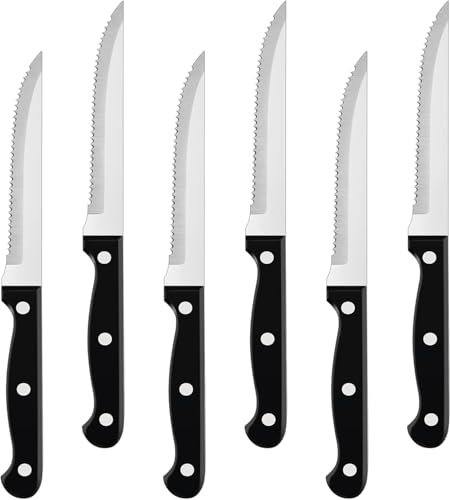 Steak Knives Set of 6 - Stainless Steel Dinner Knives with Serrated Edge Durable Sharp Serrated Edges Stake Knife Set with Ergonomic Handle Multipurpose Kitchen Knives for Slicing Bread Meat Cake