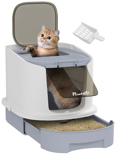 PawHut Arenero para Gatos Cubierto Caja de Arena para Gatos Arenero Cerrado con Entrada Frontal Salida Superior Tapa Removible Bandeja Extraíble y Pala 40,5x52,5x42,5 cm Blanco y Gris