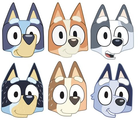 STAR CUTOUTS SMP502 Six Pack Cardboard Face Masks Bluey Family & Friends 6PCS - Bluey, Bingo, Chilli, Bandit, Muffin, Socks - Ideal for Bluey Theme Parties