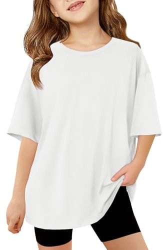 Haloumoning T-Shirts Girls Round Neck Short Sleeve Plain Casual Sports Tops Kids Summer Oversized Shirts Casual Basic Tops, White, 130 cm