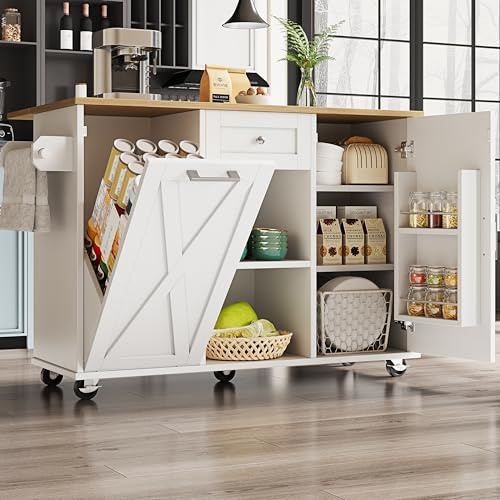 NNJN Isla de cocina moderna, armario de cocina para cubo de basura, armario buffet, mesa de comedor multifuncional con espacio de almacenamiento, carrito comedor con estantes para aperitivos y