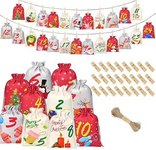 DIY adventskalender 2025, tom adventskalender att fylla dig själv – 24 st hessiska väskor träklämmor nummerklistermärken rep, julklappar väskor att fylla i juldekorationer (stil 2)