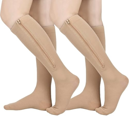 PGPBVLVGHM 2 Paia di Calze a Compressione con Cerniera for Donna e Uomo, Calze a Compressione con Punta Chiusa, Calze a Compressione Alte Fino al Ginocchio(Beige,2X-Large(2 Pairs))