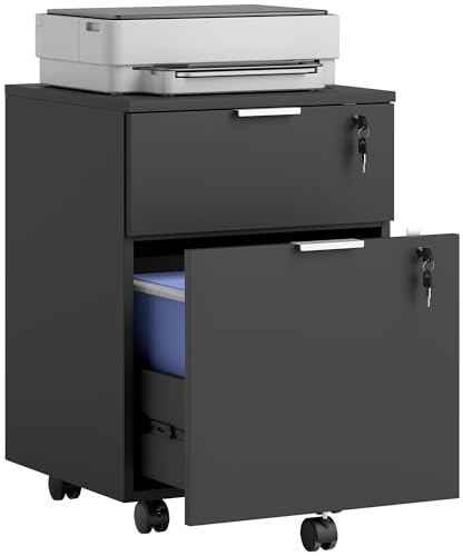 HOMCOM Mobile File Cabinet with Wheels and Lock, 2 Drawer Under Desk Office Cabinet, Adjustable A4 and Letter Hanging Bars, Black