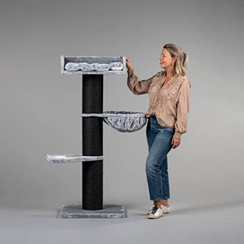 RHRQuality Kratzbaum für große Katzen – Royalty Plus – 158 cm hoch – mit extra dicken 20 cm Sisalstämmen – Blackline Hellgrau