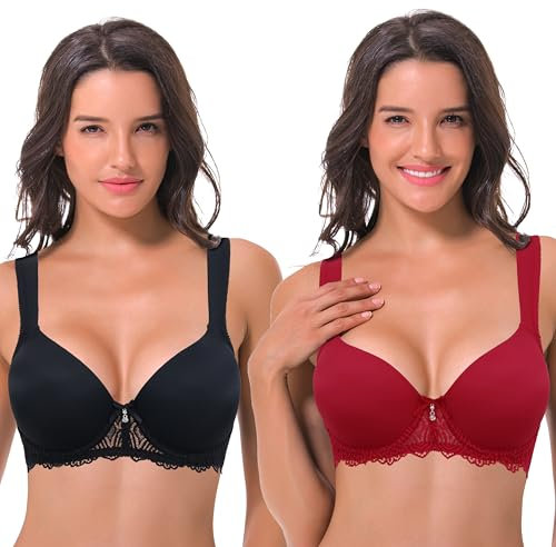 Curve Muse Damen Leicht Gepolstert Bügel Spitze BH mit gepolsterten Schultergurten-Schwarz, Wein-100B