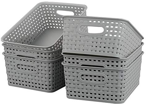 Kiddream Set of 6 Weave Basket Small, Rattan Plastic Basket Cupboard Storage Boxes (Grey)