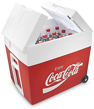 Mobicool Coca-Cola MT48W Kühlbox mit Rollen passend für eine komplette Getränkekiste/Bierkiste, Thermo-elektrisch, 48 Liter, 12 V und 230 V für Auto, LKW, Boot, Wohnmobil und Steckdose