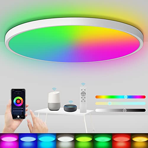 Heyseven 24W Plafoniera LED RGB Dimmerabile con Telecomando, Plafoniera Pannello LED Wifi Ultrasottile 2,5cm Lampada per Cucina Soggiorno Camera da Letto