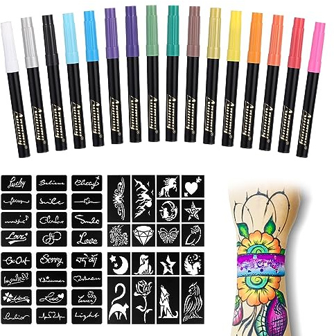 Anmmy Temporary Tattoo Markers for Skin, 16-Count Body Markers+77 Large Tattoo Stencils of Assorted Colors for kids and Adults, Flexible Brush Tip, Bright colors, Skin-Safe*, Cosmetic-Grade.