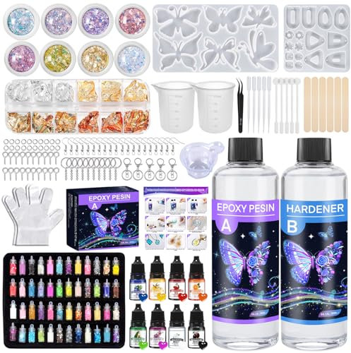 TAVADA Epoxidharz Set Anfänger 600ml,Glasklar Resin Harz Gießen Set Mit Epoxidharz Zubehör,Silikonformen,Glitzer,holzstäbchen,messbecher,für Kunstprojekt,schmuckherstellung Crafts