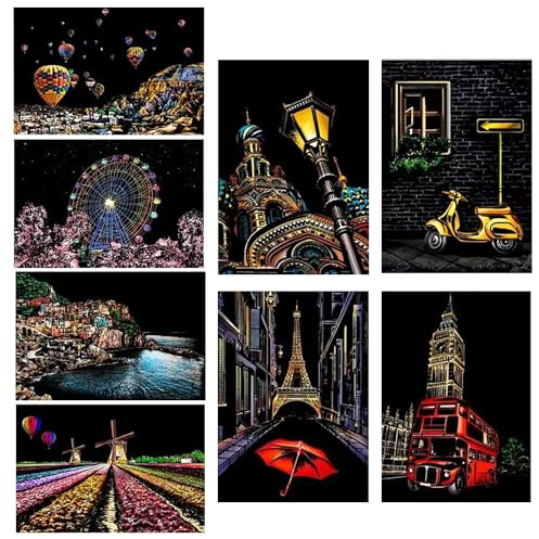 Georgie Porgy Kratzbilder Set DIY Bastelsets für Kinder Magic Rainbow Kratzpapier A4 Postkarten für Weihnachten Geburtstagsgeschenk mit Kratzwerkzeuge Kit (Europe+Straßenecke)