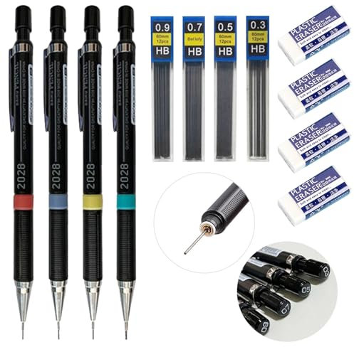 Cozevdnt 4 Stück Druckbleistifte Set, 4 Tuben Bleistiftmine HB Mienenbleistift und 4 Stück Radiergummi, für technische Zeichnungen und Konstruktionszeichnungen, Schreiben und Hausaufgaben