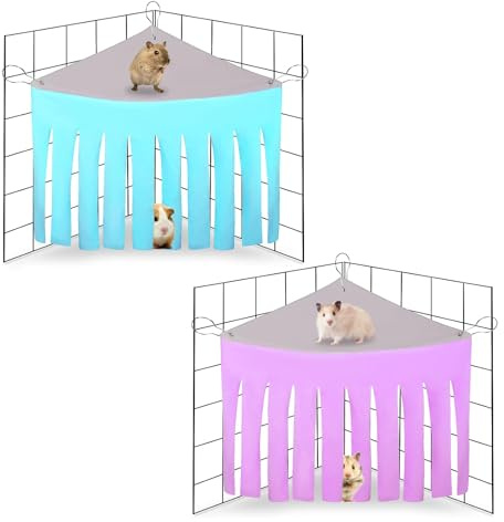 Meng Jiaran 2 Packs Guinea Pig Hideout Corner Hideaway Hammock Corner, Fabric Forest Curtain Hideouts for Small Animals, Hammock Hanging Bed Corner for Hamster Hedgehog Guinea Pig Rabbit(Blue+Purple)