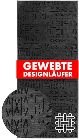 KARAT Premium Teppichläufer gewebt mit Muster - 80 x 150 cm, Anthrazit - Flauschiger Baumwoll Teppich - Läufer für Küche, Flur & Wohnraum - Flurläufer Küchenläufer Flurteppich (Vena)