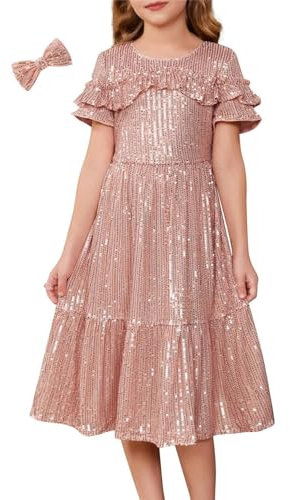 GRACE KARIN Girls Summer/Fall Dresses - Cute Princess Sequin Dress, Short Ruffle Sleeves - Pink Gold, Ages 8-10