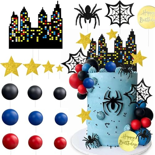 32Pcs Spider Cake Topper Spider Birthday Party Favors Supplies Decorations with Spider Web Stars Blue Red Black Balls Topper for Spider Hero Themed Birthday Anniversary Party