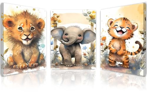 Qiukoo Framed Canvas Wall Art for Living Room & Bedroom – Set of 3 Animal Artwork Prints for Kids, Canvas Wall Art for Children's Room, Wall Decoration for Living Room, 12x16 Inch