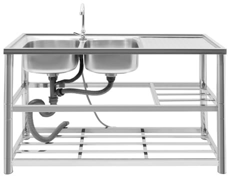 Edelstahlspüle (120 links Doppelwaschbecken Triple Layer+Single Armatur),mit Kalt und Warmwasserschläuchen,Starke Stabilität,Ausgezeichnete Geruchsresistenz,Silber