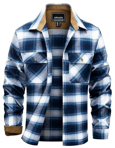 EKLENTSON Men Shirts Jacket Cotton Flannel Shirt Casual Plaid Button Down Shirts Hiking Outwear Work Shirt Blue White M