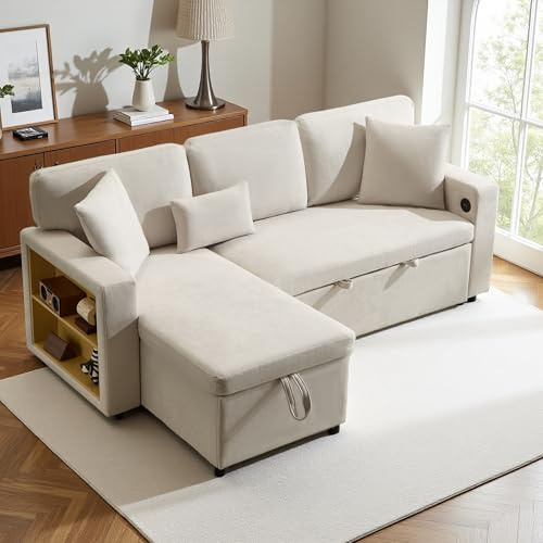 Vepssder divano ad angolo convertibile a L con USB+Tipo-C,Spazio di archiviazione e ripiano integrato,Divano a 3 posti,divano letto con funzione letto,Flanella (D-Beige)