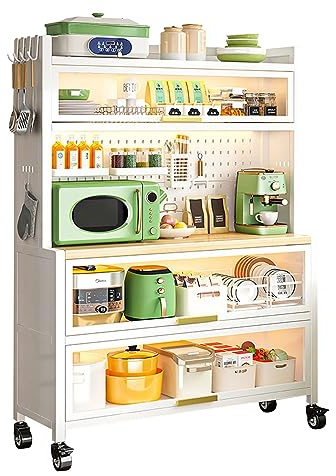 Armadio da cucina bianco versatile per panettiere e forno a microonde, porta a ribalta regolabile, backplane fai da te, 8 ganci e ruote frenabili, 80 cm di lunghezza, perfetto per piccoli spazi