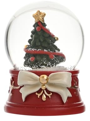 Widdop Regal Tidings Palla di neve con albero di Natale, 45 mm, in vetro rosso e oro, con base a fiocco festivo, ornamento natalizio tradizionale