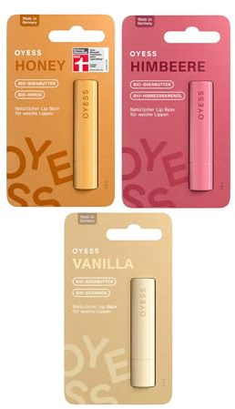 OYESS Juego de 3 productos para el cuidado de los labios, miel, frambuesa y vainilla, (3 x 4,8 g) bálsamo labial natural para labios suaves y cuidados