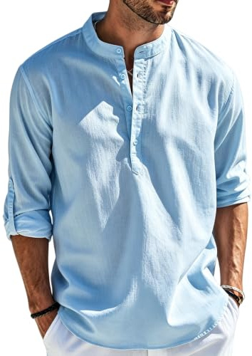 Cegerne Camicia Lino Uomo Maniche Lunghe Estiva Leggera Traspirante Henley Casual Maglietta Casacca Vacanze Spiaggia, Blu, XL