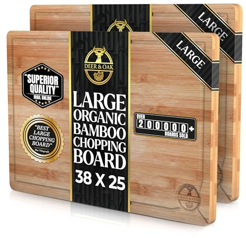 Deer & Oak 2X Large Cutting Board 38 X 25 x 2cm, Pre-Oiled Wooden Bamboo Chopping Board for Carving Meat, Fish, Vegetables, Fruits, Cheese, Bread