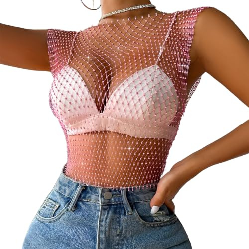 WUMZIRA Top en Résille Sexy Femme, Haut en Maille Rose à Col Rond pour Tenue de Festival et Rave, Vêtement de Club Transparent et Chic, Taille XS