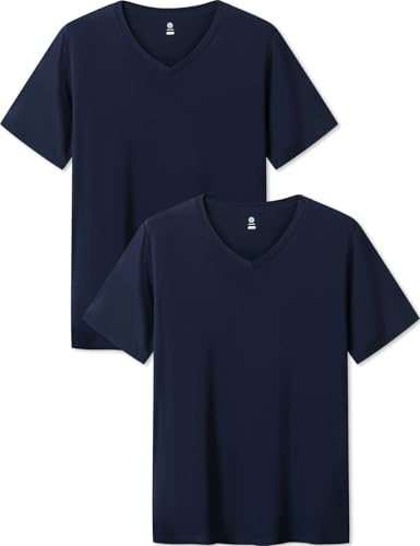 LAPASA Herrar Micro Modal T-shirt 2-pack, Premium Business Kortärmad Undertröja Rundhals/V-ringning (M07/M08), V-ringning: Marinblå, L