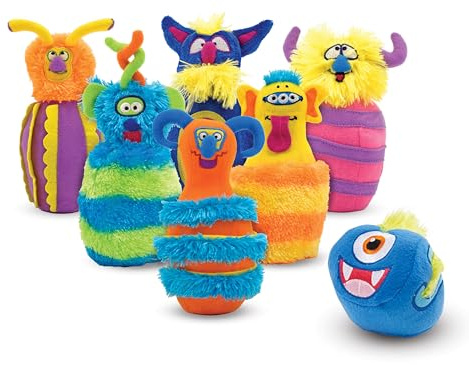 Melissa & Doug Fuzzy Monster Bowling Pins and Ball with Mesh Storage Bag - 8 Pieces Toddler Plush Indoor Bowling Set, for Toddlers and Kids Ages 2+
