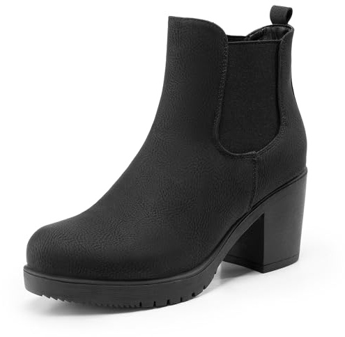 DREAM PAIRS Women's High Chunky Heel Chelsea Ankle Boots Slip On Elastic Fall Heeled Booties Shoes,Size 10,Black/Pu,FRE