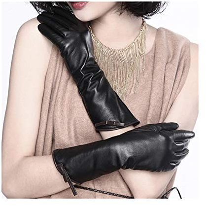 Lederhandschuhe Damen Lederhandschuhe Touchscreen Langbogen und Samt Dünne Lederhandschuhe (Color : Black, Size : M)