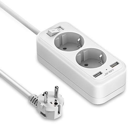 JSVER Multiprise USB, Bloc Multiprises 2 Prises avec 2 Ports USB Chargeur Prise avec Cable Multiprises Electrique avec Interrupteur Convient pour la Maison, Les Voyages 1.5m-Blanc