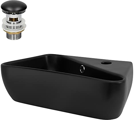ML-Design handfat i svart keramik 45x27x13 cm fyrkantig design med avloppsarmatur och kranhål till höger Passar för både vägghängd och bänkinstallation med bräddavlopp perfekt för badrum