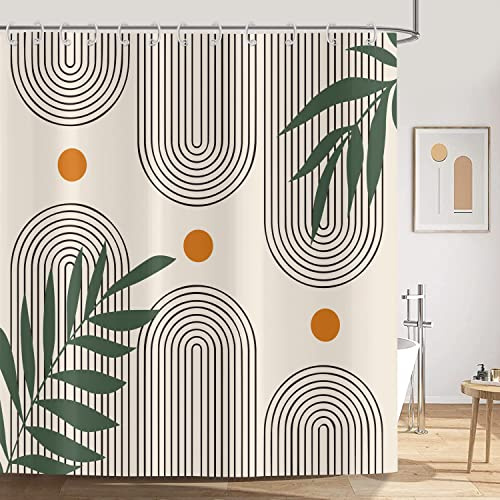 ASDCXZ Duschdraperi i bohemisk stil, modern abstrakt konst, tvättbart, vattentätt, i polyestertyg, för bad, med 8 draperikrokar, gröna löv, orange sol, linje, beige, 120 x 180 cm