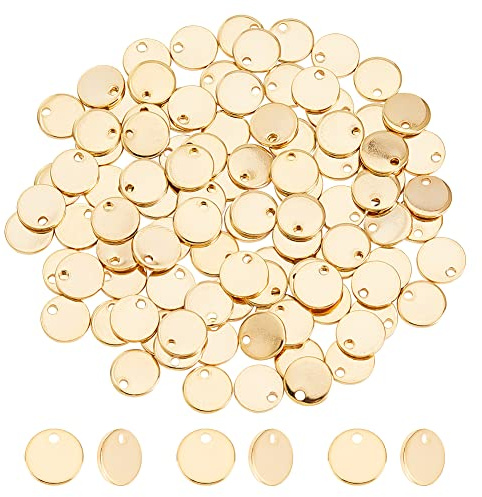 DICOSMETIC 100 Uds Colgantes con Etiqueta En Blanco Estampado Colgantes Redondos Planos Dorados Colgantes Redondos con Etiqueta de Nombre En Blanco de 8mm Abalorios