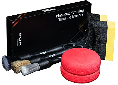ProTech Monte-Carlo - Kit Accessoires Detailling - Boite de 3 Pinceaux - 2 Applicateurs Pneus - 2 Mousses Rondes - Nettoie Tous Les Détails de Votre Voiture avec Précision - Offre Un Nettoyage Complet