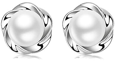 925 Silber Ohrringe Perlen Ohrstecker für Damen, Schlafen Rosen Perlen Ohrringe Silberschmuck, Hypoallergen Ohrstecker Perle für Frauen Mädchen