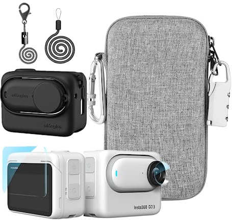 LEWOTE Zubehör Kit Kompatibel mit Insta360 GO 3[Silikon Kamera Case Cover und Objektivkappe][2Pcs 3D Screen Protector Film][Outdoor Tragetasche mit Auto Locking Karabiner und Anti-Loss Lock](Schwarz)