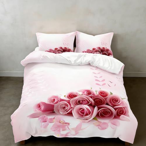 Ensemble de parure de lit avec motif de roses 3D, fleurs rouges en forme de cœur, linge de lit romantique pour adultes (A, 220 x 240 cm)