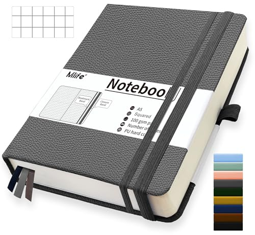 Mlife Quaderno A5 Quadretti, 360 Pagine E 100g/M² Carta Resistente All'Inchiostro, Quaderni Con Tasca Pieghevole Per Ufficio Scuola Casa Scrittura E Note(Grigio)
