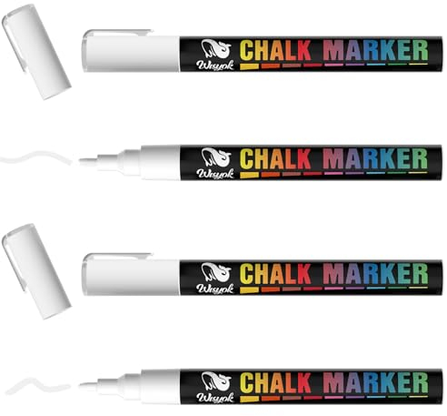 WISYOK White Liquid Chalk Pens, 3mm Reversible Bullet & Chisel Point Chalk Markers, Erasable Chalk Marker Pens for Chalkboard, Window, Glass, Jars and Mirror- 4 Pack
