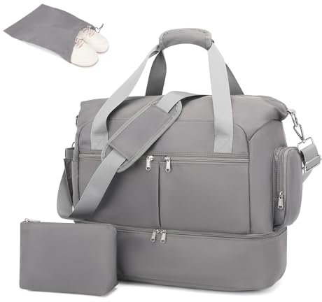Kono Travel Duffel 32L Water-Resistant Gym Tote with Shoes Compartment Cosmetic Bag Detachable Shoulder Strap Lightweight Holdall Luggage Weekend Bag with Trolley Sleeve (Grey)