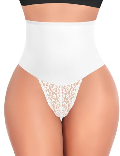 YARRCO String Gainante Ventre Plat Invisible Taille Haute Lace Culotte Dentelle Slip Gainante Amincissante Culottes Sculptantes Femme Tanga Gainante Shapewear Thong (#1 Blanc,S)