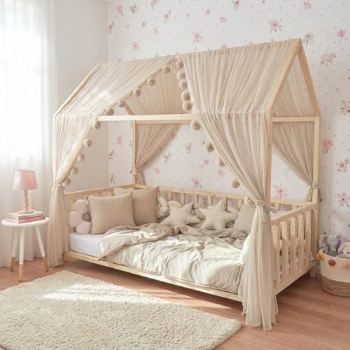 Baby Fancyroom Ciel de lit de Maison, décoration pour Chambre d'enfant, lit d'enfant, baldaquin, Guirlande de Pompons en Tulle de qualité supérieure (Beige, 340cm, sans Guirlande à Pompons)